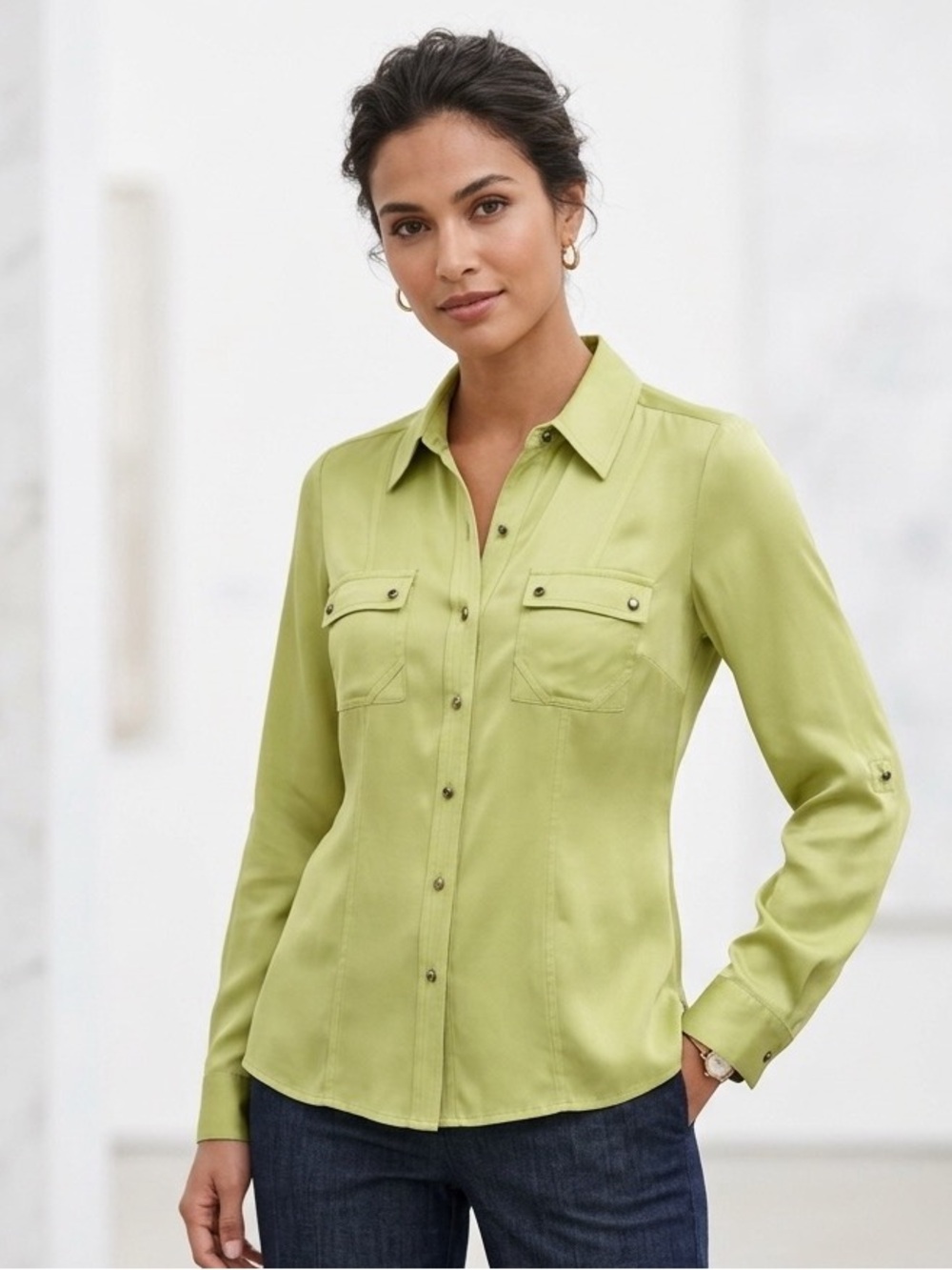 Anne Klein Mustard Button-Front Blouse with Rollup Sleeves